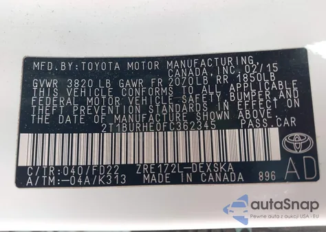 2015 Toyota Corolla L/Le/Le Plus/Le Premium/S/S Plus/S Premium from USA, damaged, VIN 2T1BURHE0FC362345